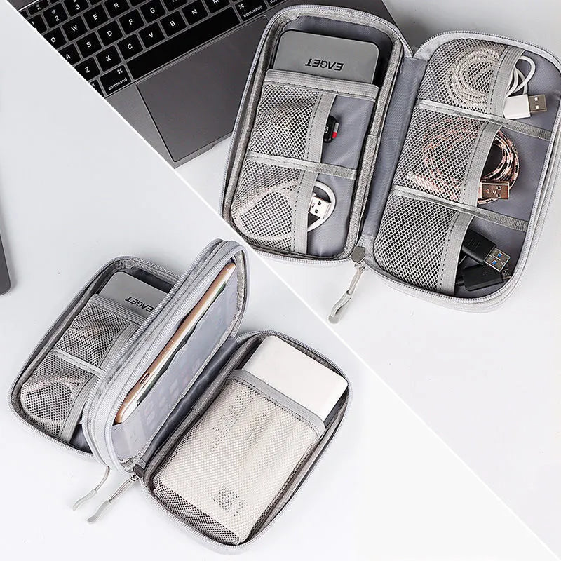 Double-layer waterproof storage bag for data cables, power bank, and USB drives in black