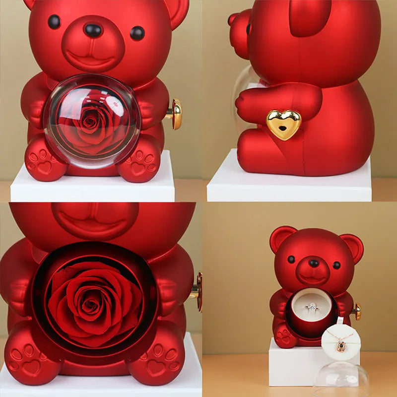Rotating bear jewelry box with preserved plastic rose – plastic spray paint finish – 12x13x15.5cm – cyan colour