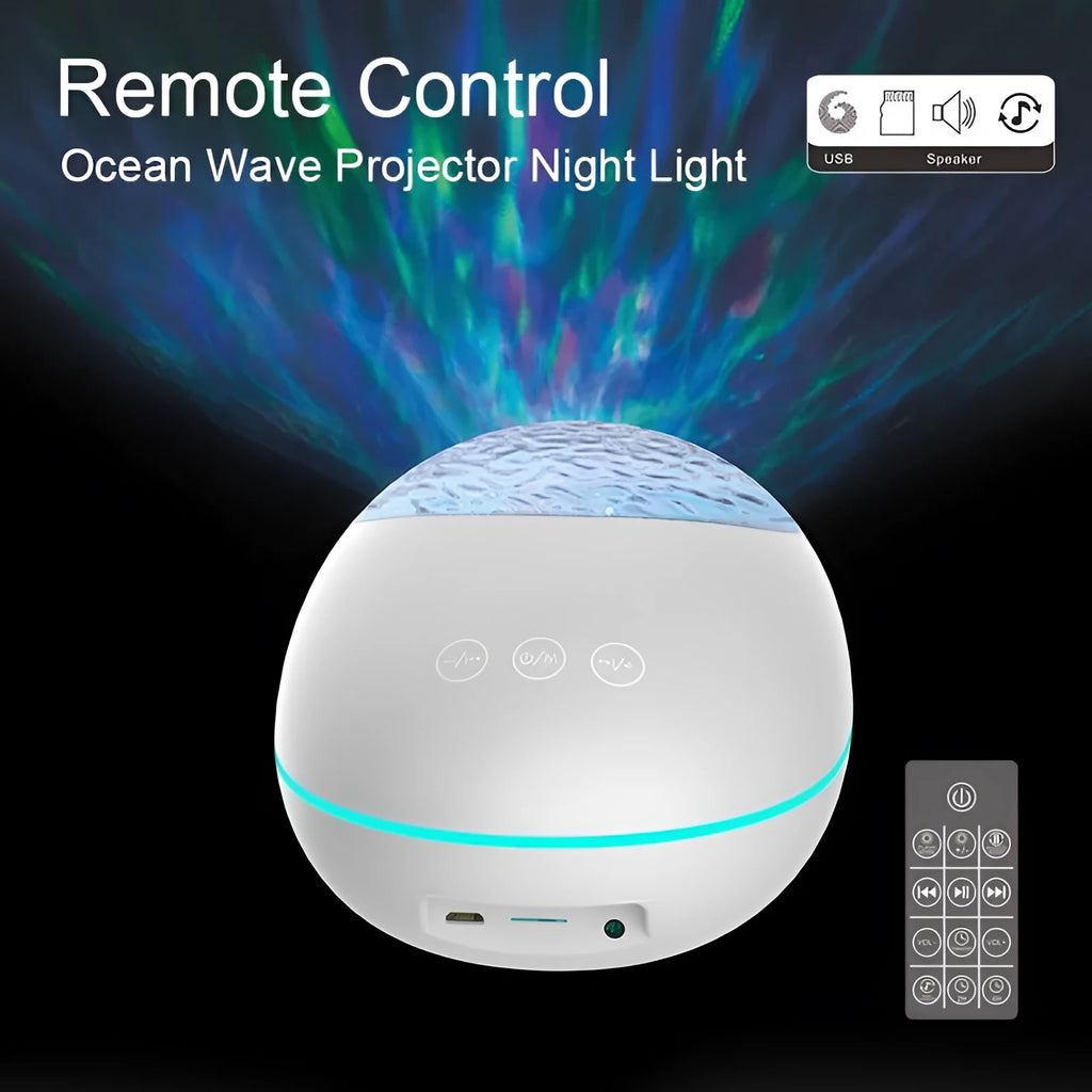 Black ocean wave projector LED night light with Bluetooth speaker and remote control on a table