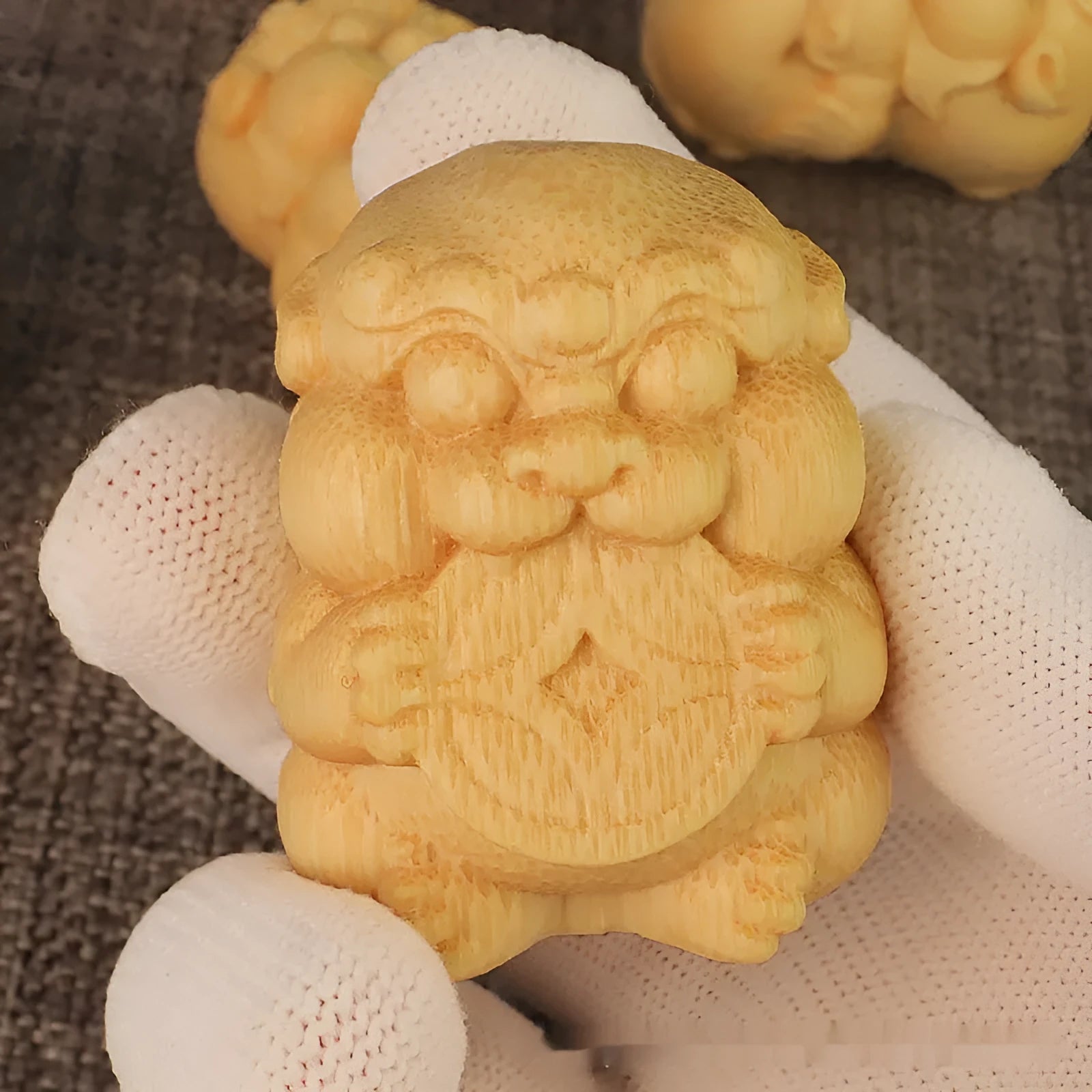 Solid bamboo carving ornament with traditional Take Money design, 4.5cm height