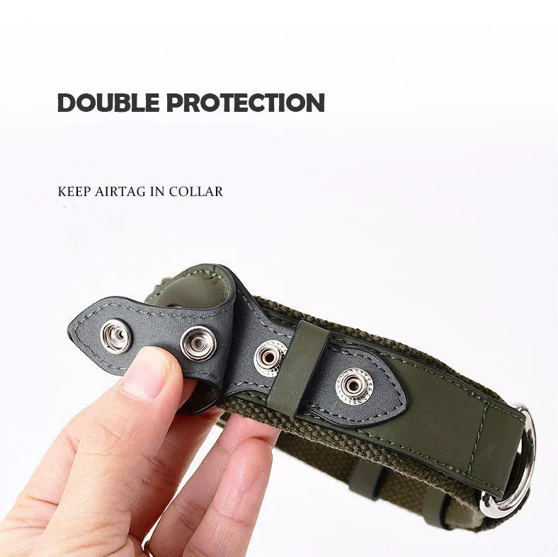 Leather pet collar with AirTag holder in bear brown colour with metal buckle and stitched pocket
