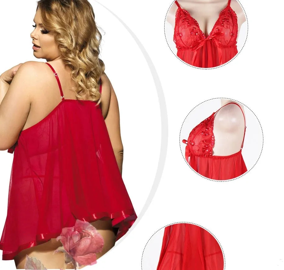 Women's black lace mesh sleepdress lingerie showing seamless construction and sling dress design
