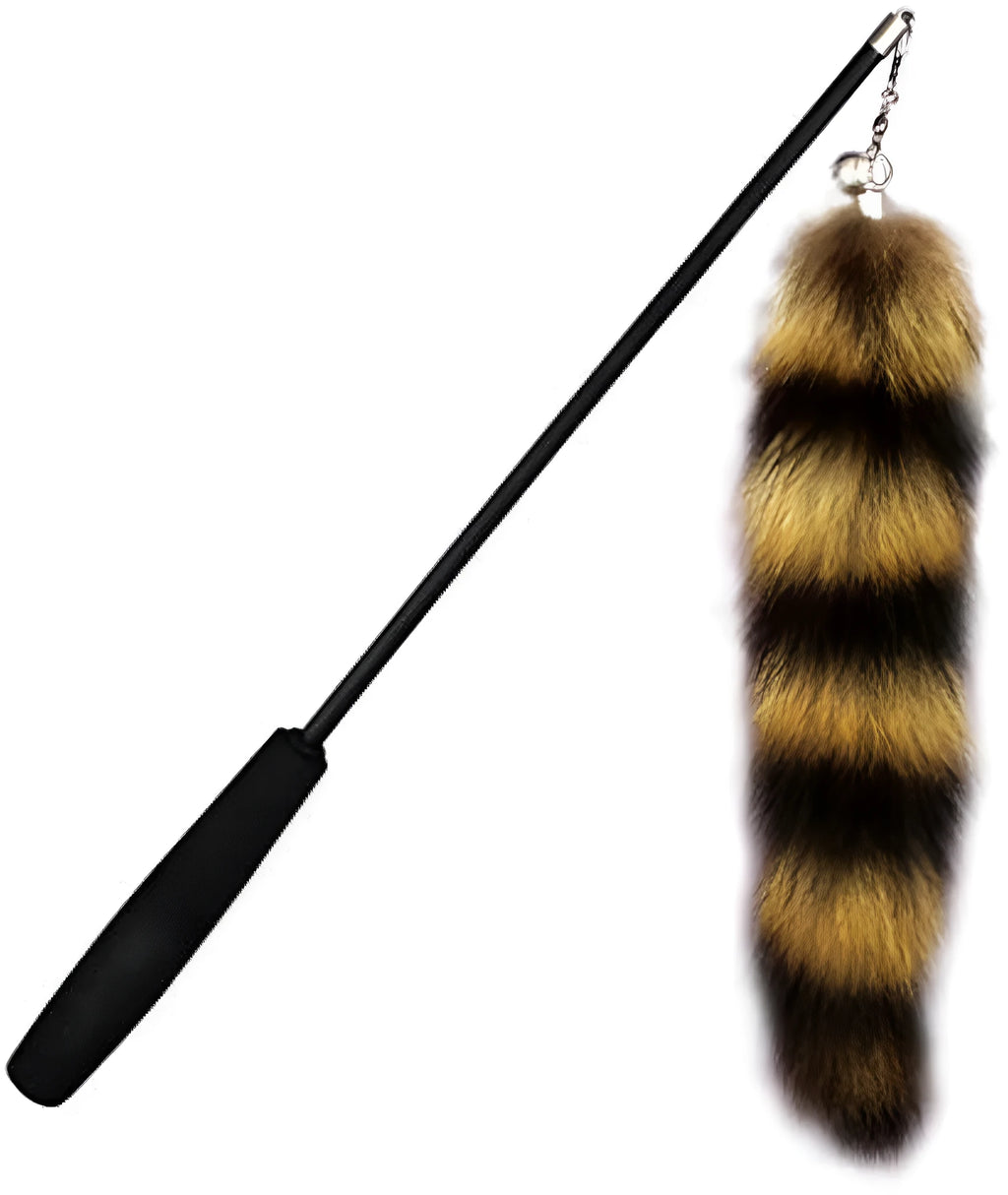 Black cat toy wand with feather attachment and elastic string for interactive play