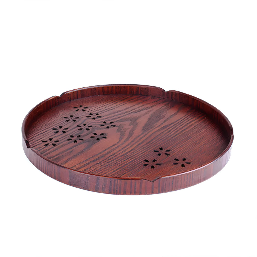 Wooden shallow dessert plate with hollow cherry blossom pattern measuring 30cm diameter