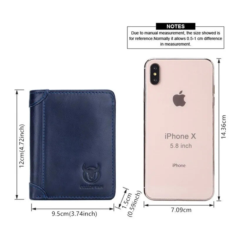 Men's casual leather wallet open showing photo slot, card holders, bill compartment and secret section