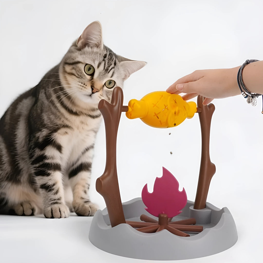 Cat playing with tumbling food feeder toy measuring 30x30x29cm