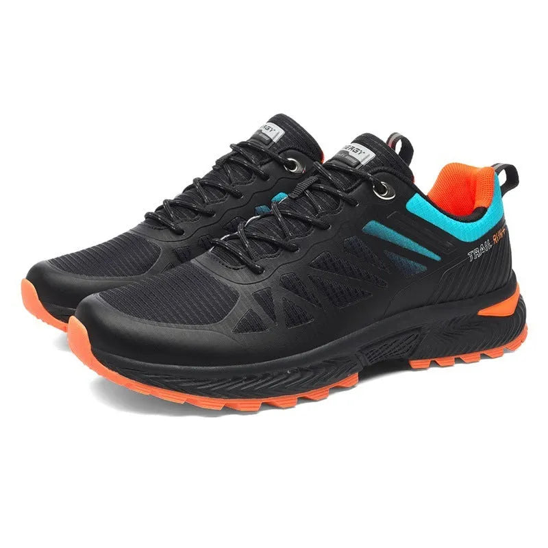Men's black mesh running shoes with round toe and lace-up closure