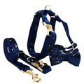 Fabric dog collar set with blue collar leash bow flower vest and poop bag on white background