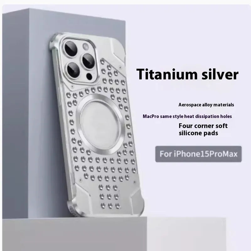 Borderless aluminium alloy phone case with hollow back and magnetic suction for iPhone 15 Pro Max, in grey colour