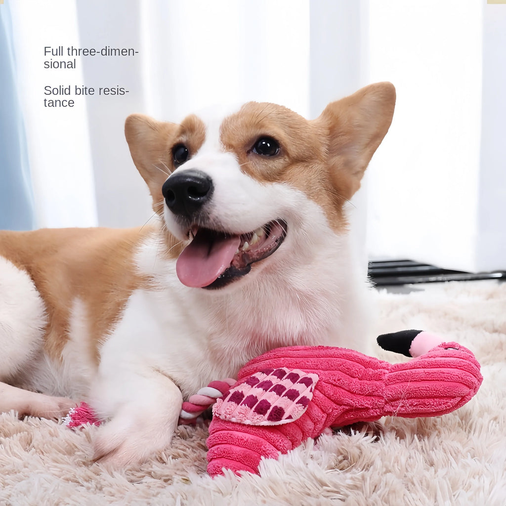 Pink corduroy animal-shaped dog toy with squeaker for chewing play