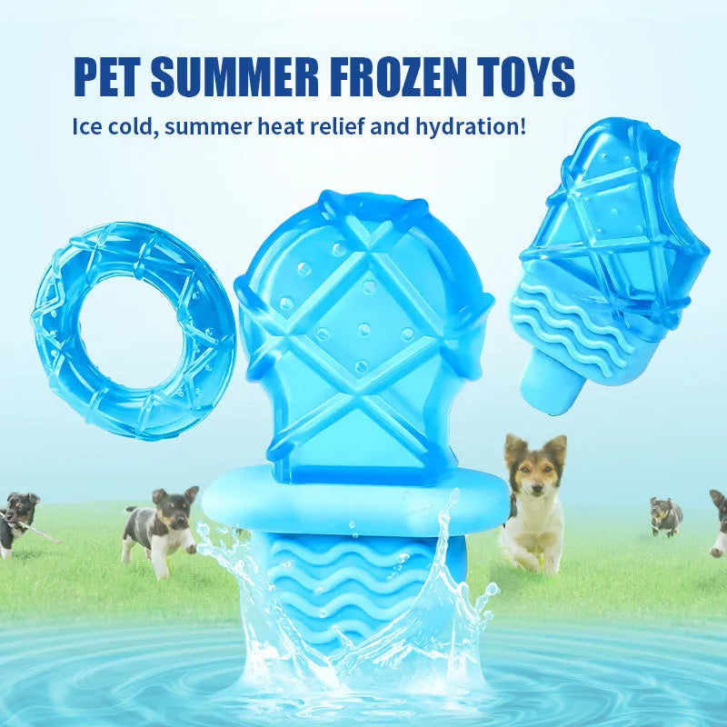 Set of three water-filled ice cold dog toys: pacifier, popsicle and ring styles for summer cooling