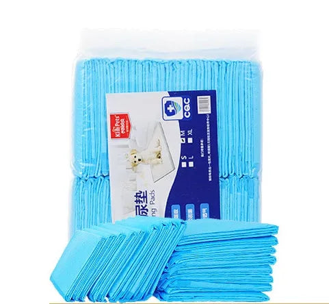 Blue disposable thickened pet diaper pad for dogs and cats with absorbent core, available in sizes XS to XL