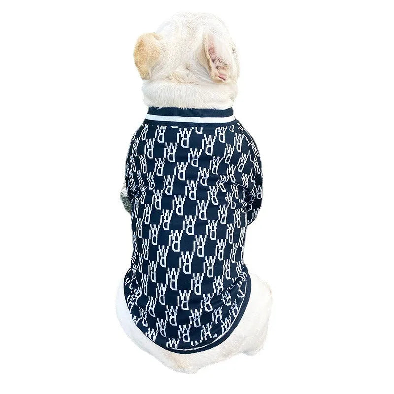 Black zip up stretchy polyester dog jacket with leash hole for small to extra large dogs