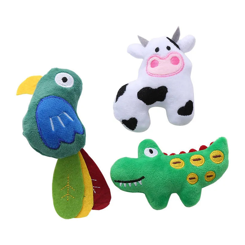 Plush cat toy shaped like a cow, crocodile, or parrot with catnip filling for interactive feline play