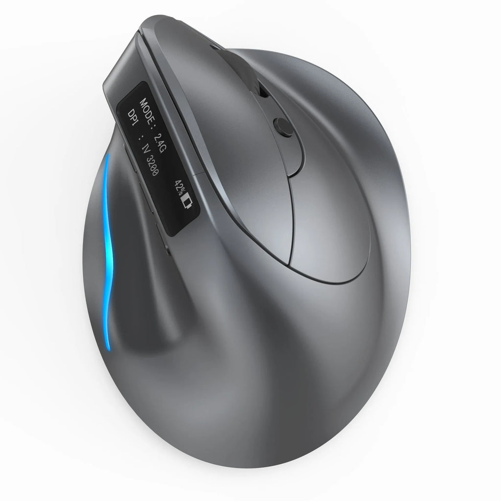 Grey vertical ergonomic mouse with Bluetooth and wireless charging capabilities