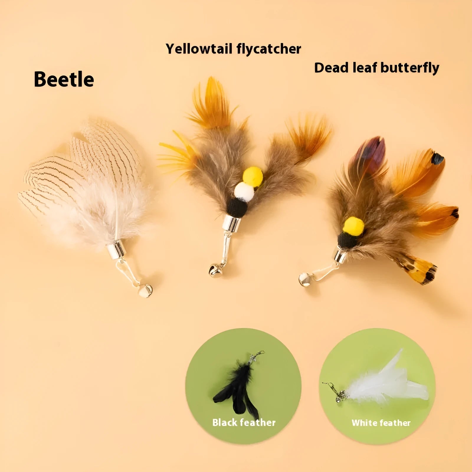 Three steel wire cat toy replacement heads with small flying insects design in different colour combinations