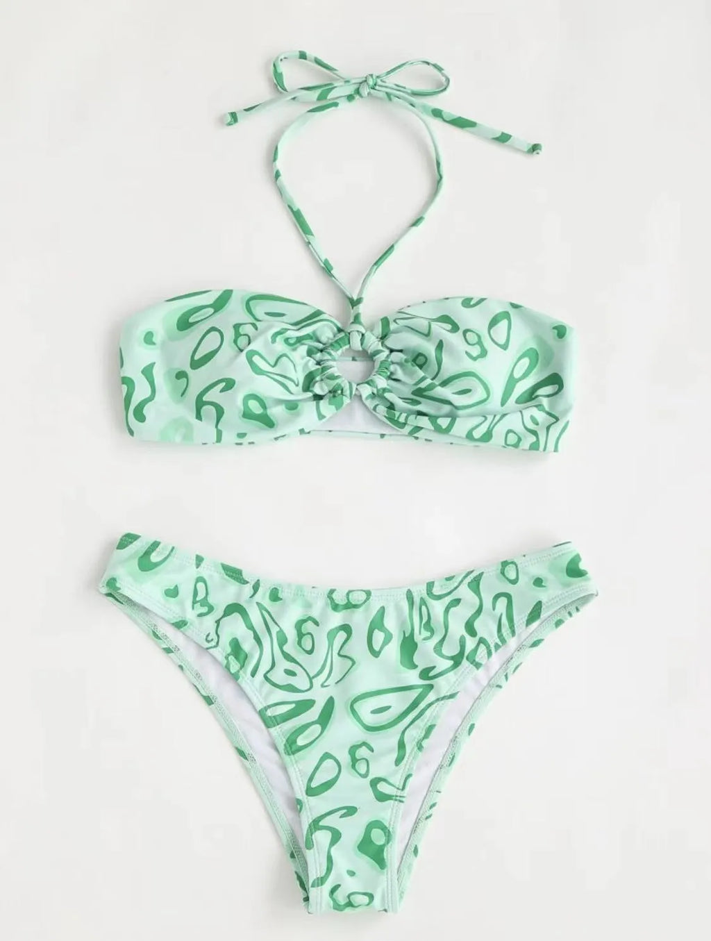 Women's blue floral bandeau bikini with split swimsuit design showing front and back views