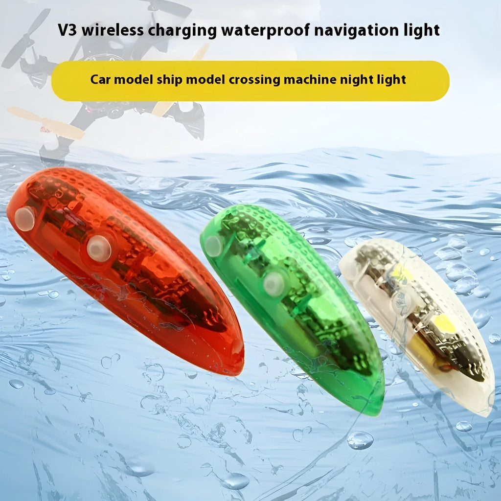 Three compact V3 wireless charging navigation lights with adhesive backing, shown in red, green, and white.