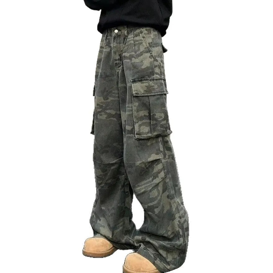 American vintage washed camouflage cotton blend cargo trousers with multiple pockets on a mid-rise waist.
