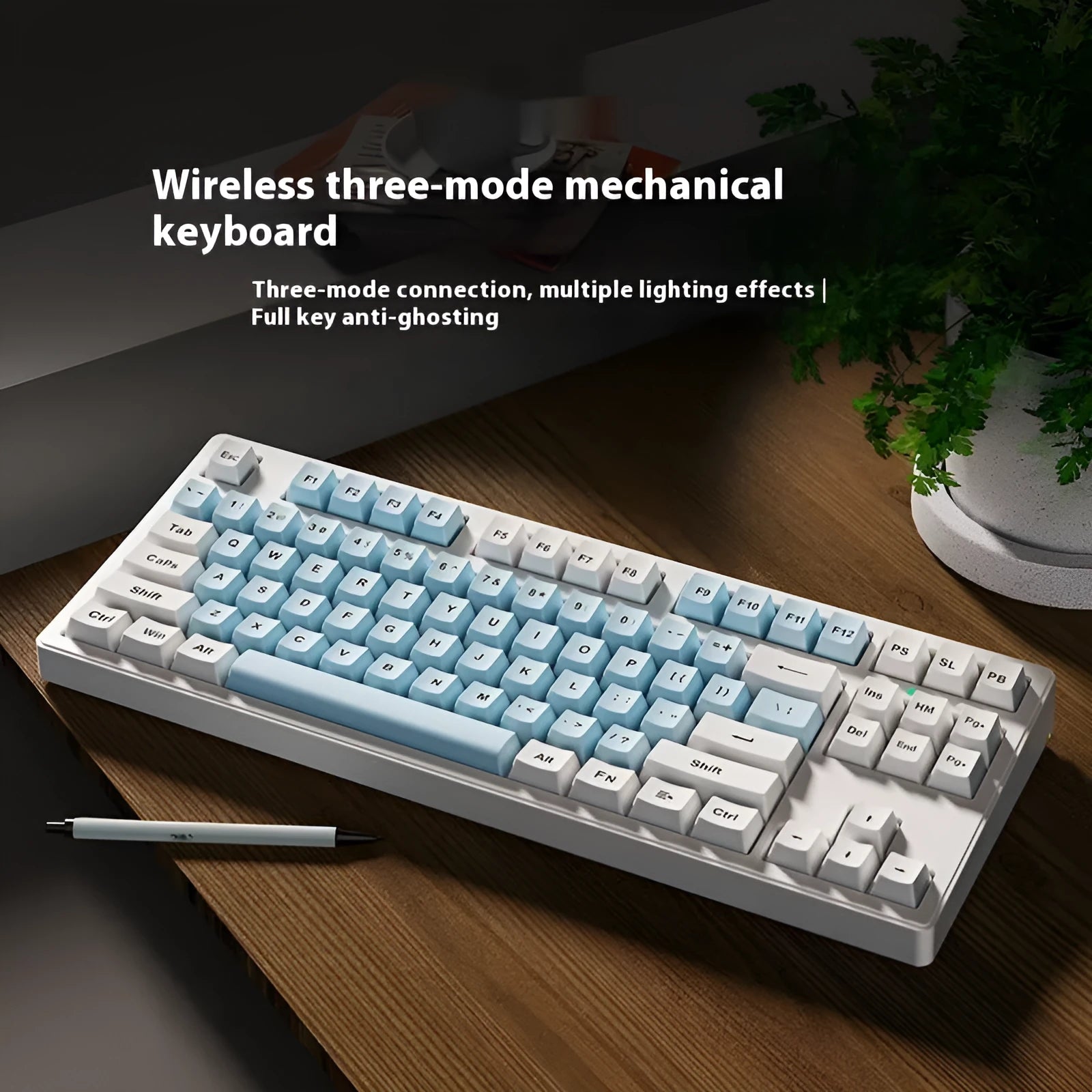 Wireless mechanical keyboard with three connectivity modes in black, white, or pink colour options