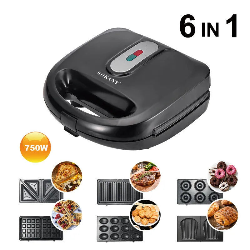 Black electric sandwich maker with six non-stick pans and a brushed stainless steel top cover.