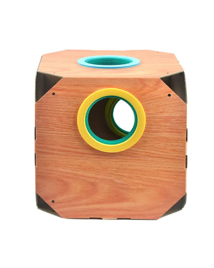 DIY multipurpose cat hiding box toy with cardboard hair removal, 38cm, scratch-resistant, style A with two circles and scratching board