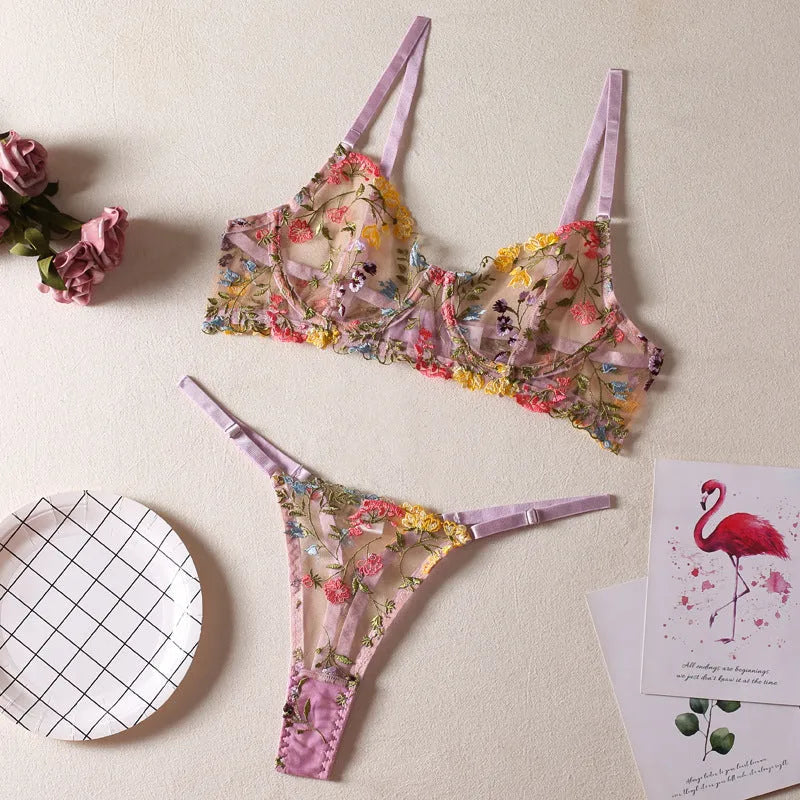 Women's floral mesh bra with steel ring T-back design and matching brief in five colour options