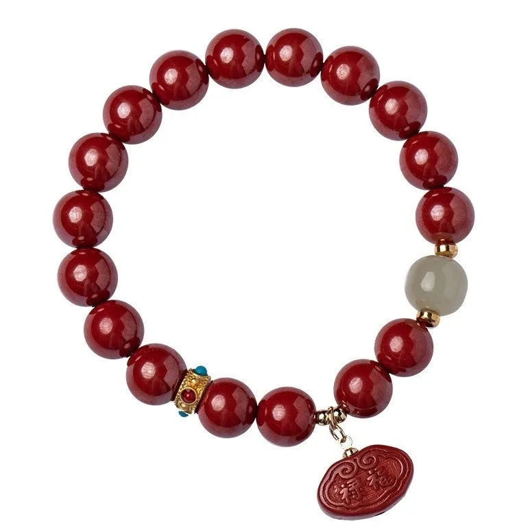 Natural cinnabar Emperor sandstone Ping An Fu Lu bracelet with 8mm and 10mm size options.