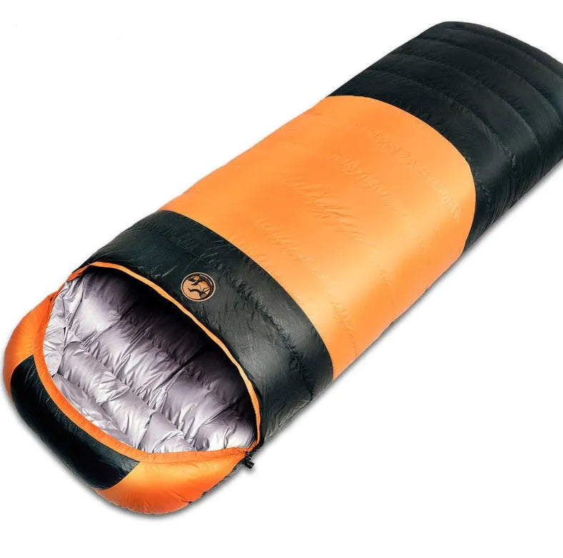 Down sleeping bag in envelope style with cotton lining, available in blue, red, or orange options
