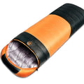 Down sleeping bag in envelope style with cotton lining, available in blue, red, or orange options
