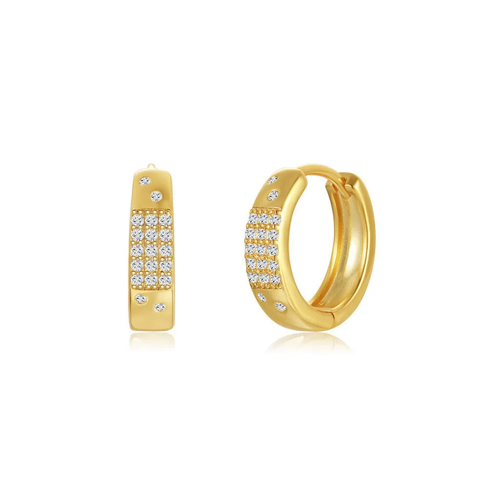 Golden geometric clip-on earrings with round design elements and electroplated finish