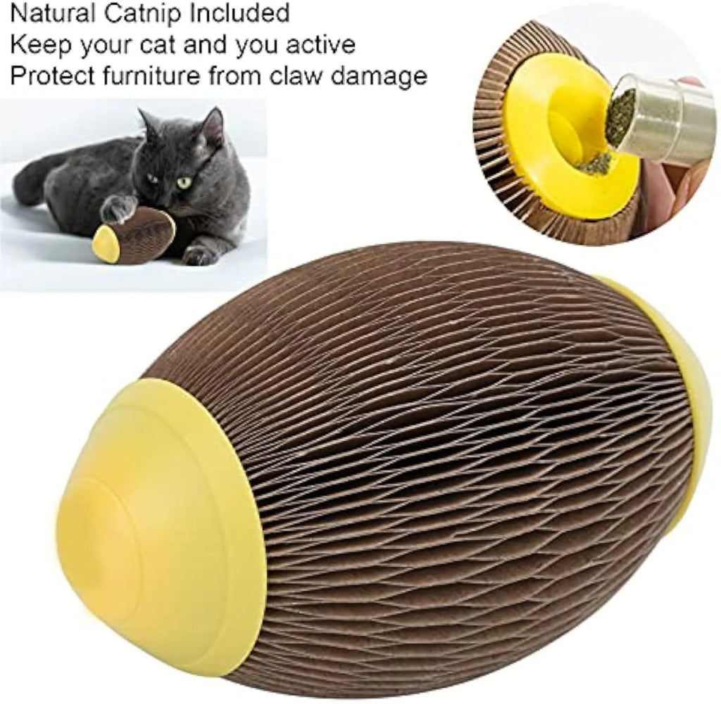 Elliptical corrugated paper catnip scratch ball toy on a plain surface.