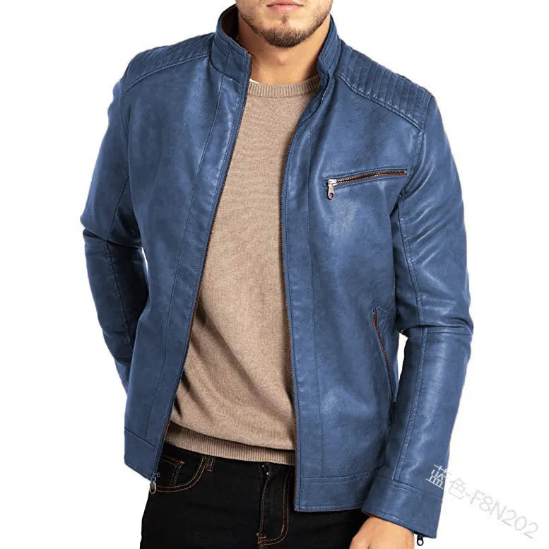Men's punk motorcycle artificial leather jacket with stand collar in Army Green colour