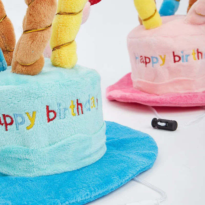 Blue dog birthday hat with elastic chin strap for pet party celebrations