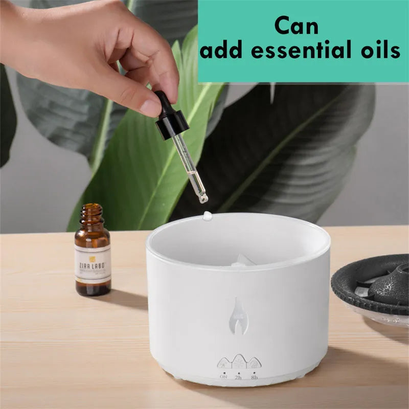 Ultrasonic aromatherapy diffuser with volcano flame lamp simulation, 350ml capacity, blue flame bead colour