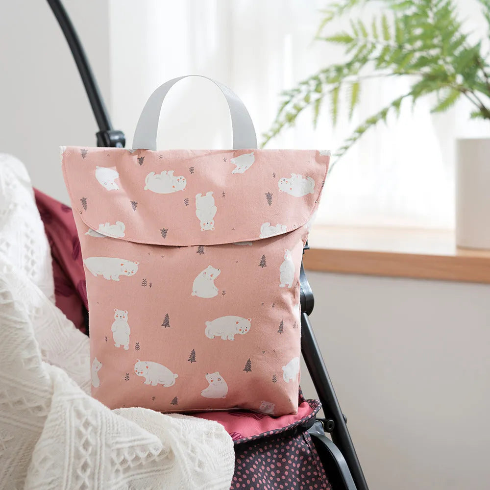 Baby diaper storage bag in polyester large capacity grey little fox design size L 28.5x27.5cm
