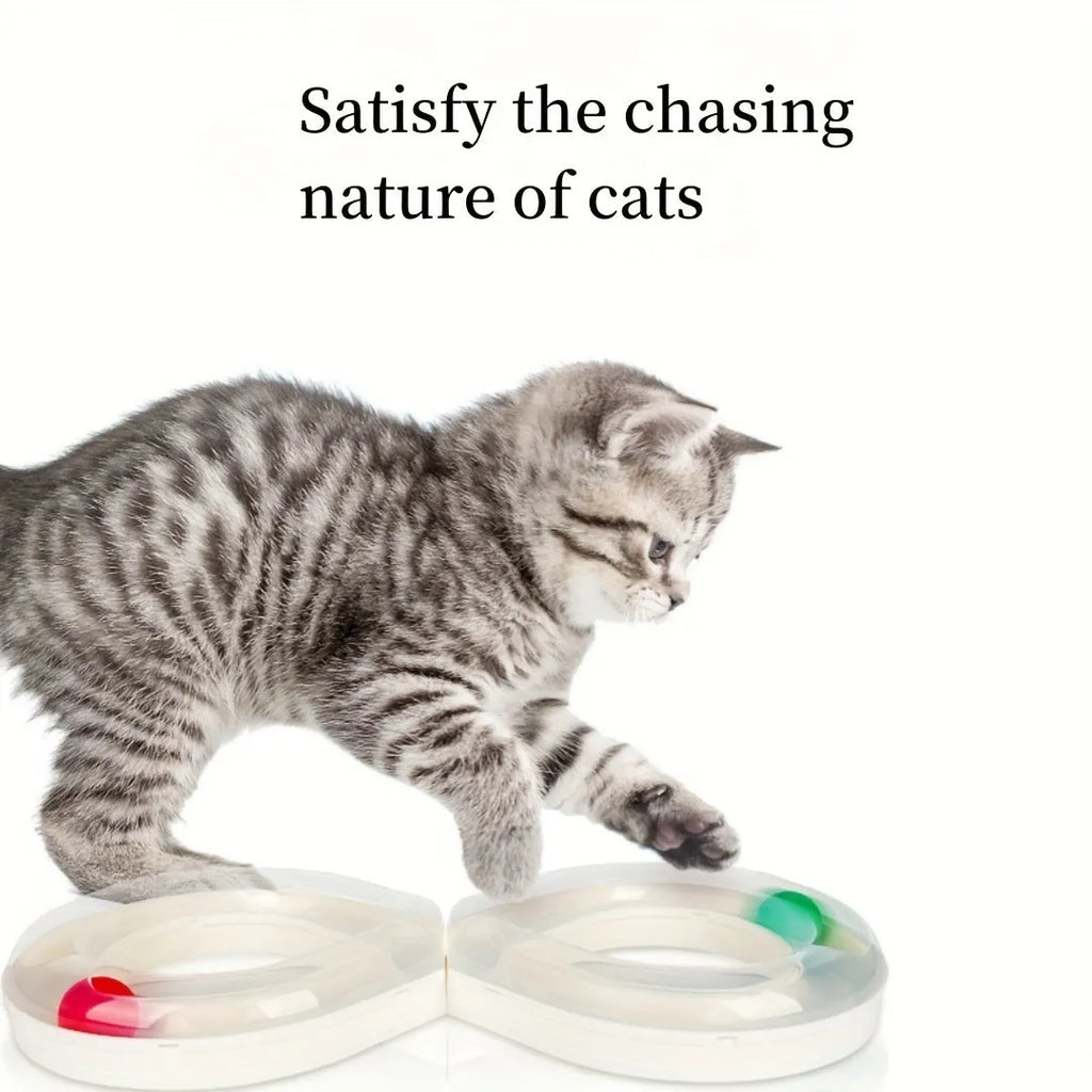 Blue and white interactive cat toy set with turntable track, ball, and teasing stick on floor