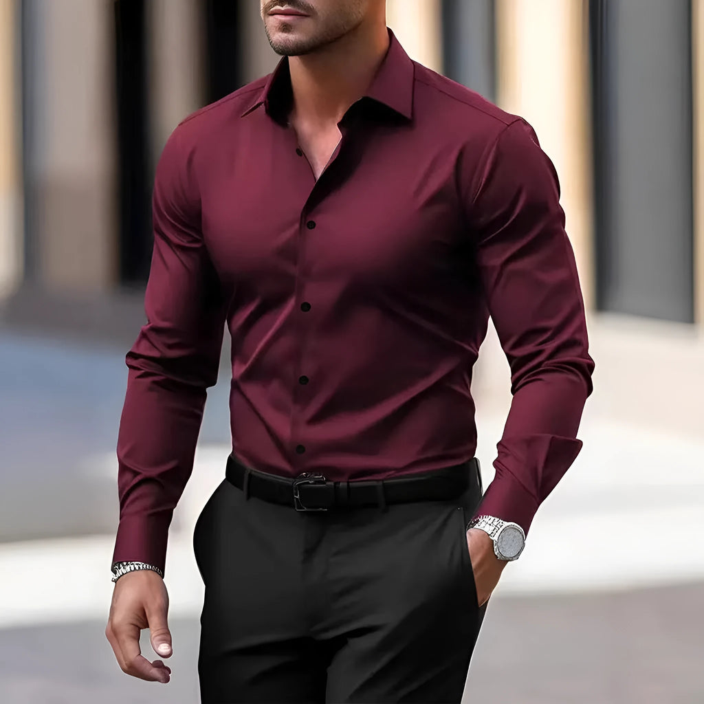 Men's solid colour velvet button-down shirt with long sleeves and lapel collar in navy blue