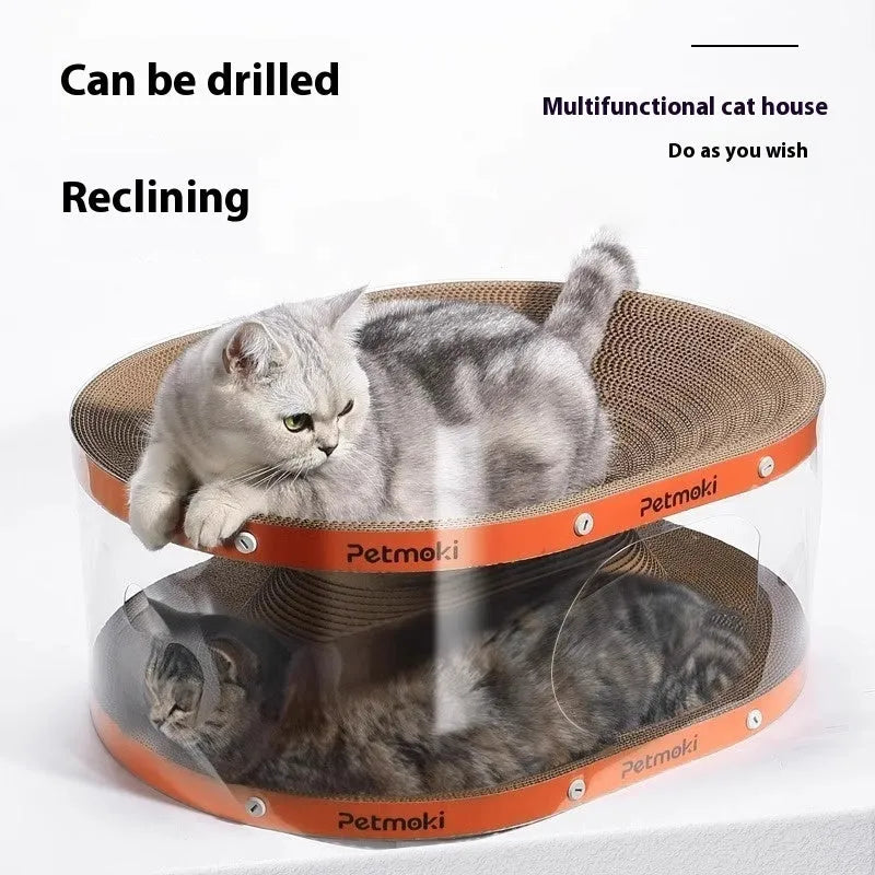 Transparent white cat scratch board nest tunnel toy with diamond design measuring 58x45x23cm