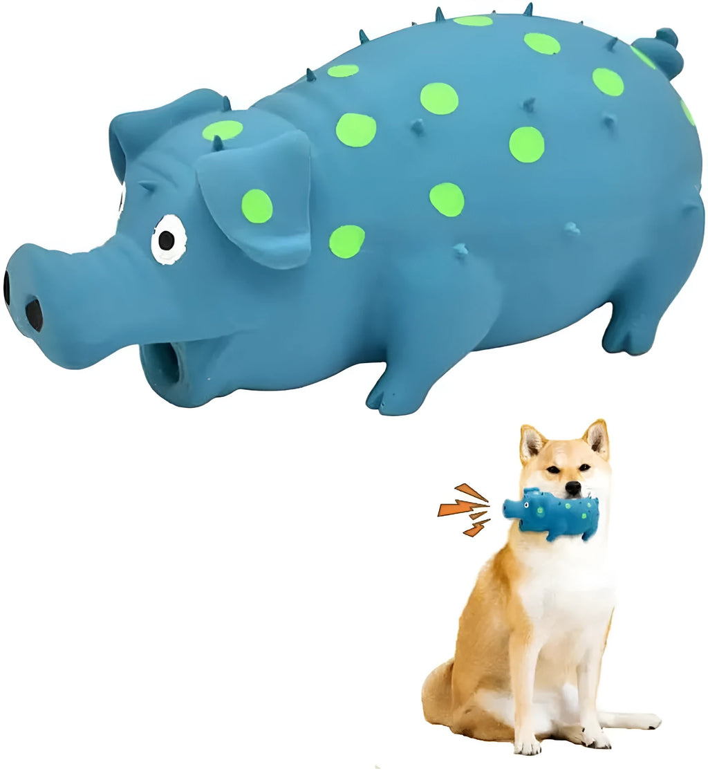 Pig-shaped latex dog chew toy with squeaker in assorted colours