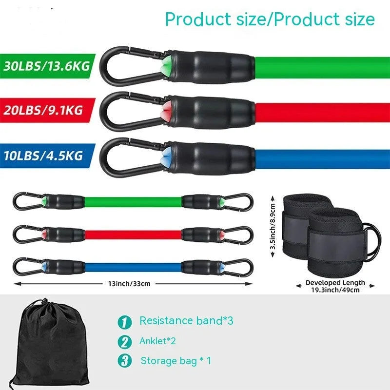 TPE resistance band set with three tension levels, foot loops, and storage bag for yoga and leg exercises