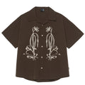 Men's brown striped Cuban collar short sleeve shirt for outdoor camping.