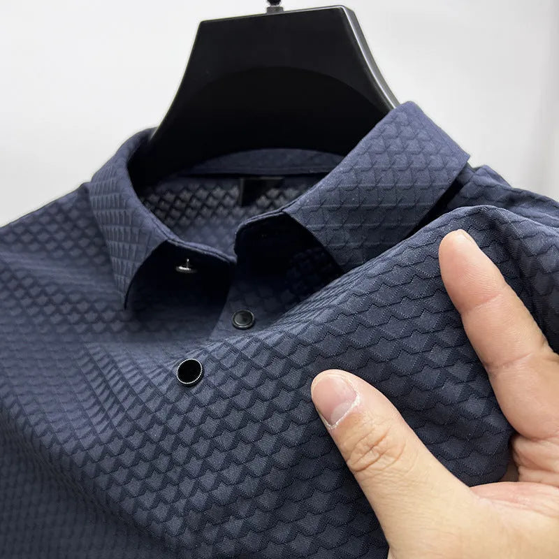 Men's waffle ice silk short sleeve polo T-shirt in Navy, wrinkle-free fabric, collar design, available in sizes M to 4XL.