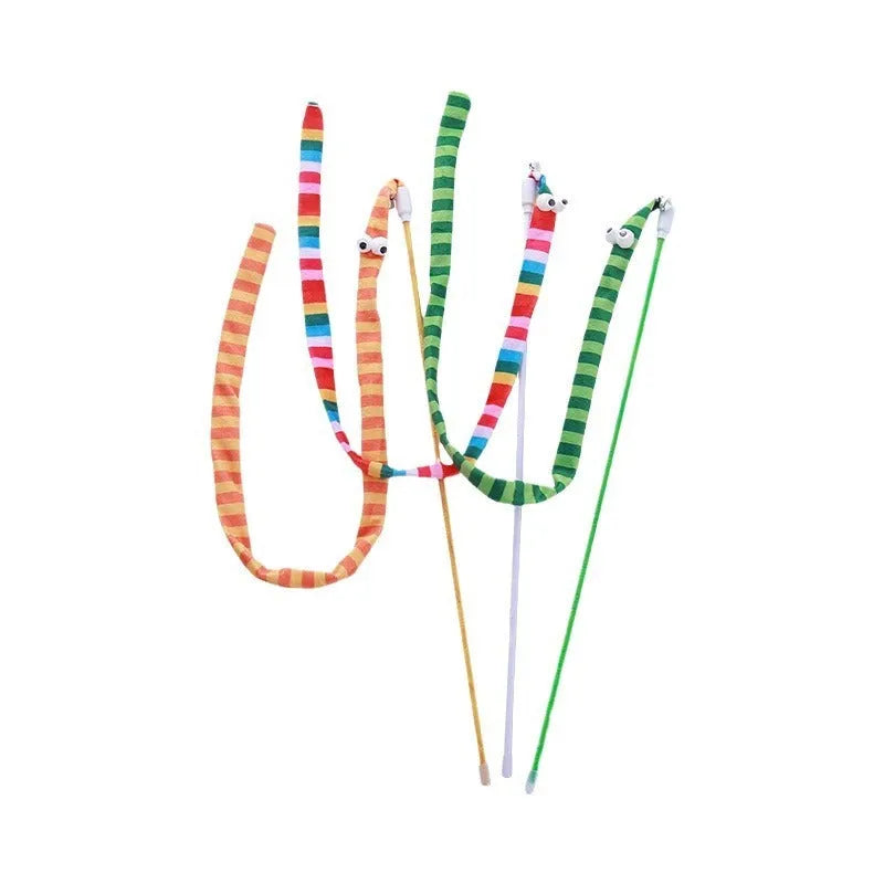 Long cat wand toy with a colourful plush strip and bell for interactive play with cats