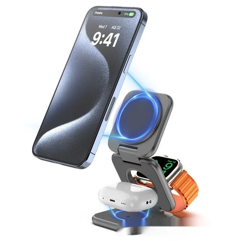 Black foldable magnetic wireless charging phone holder showing its compact size.