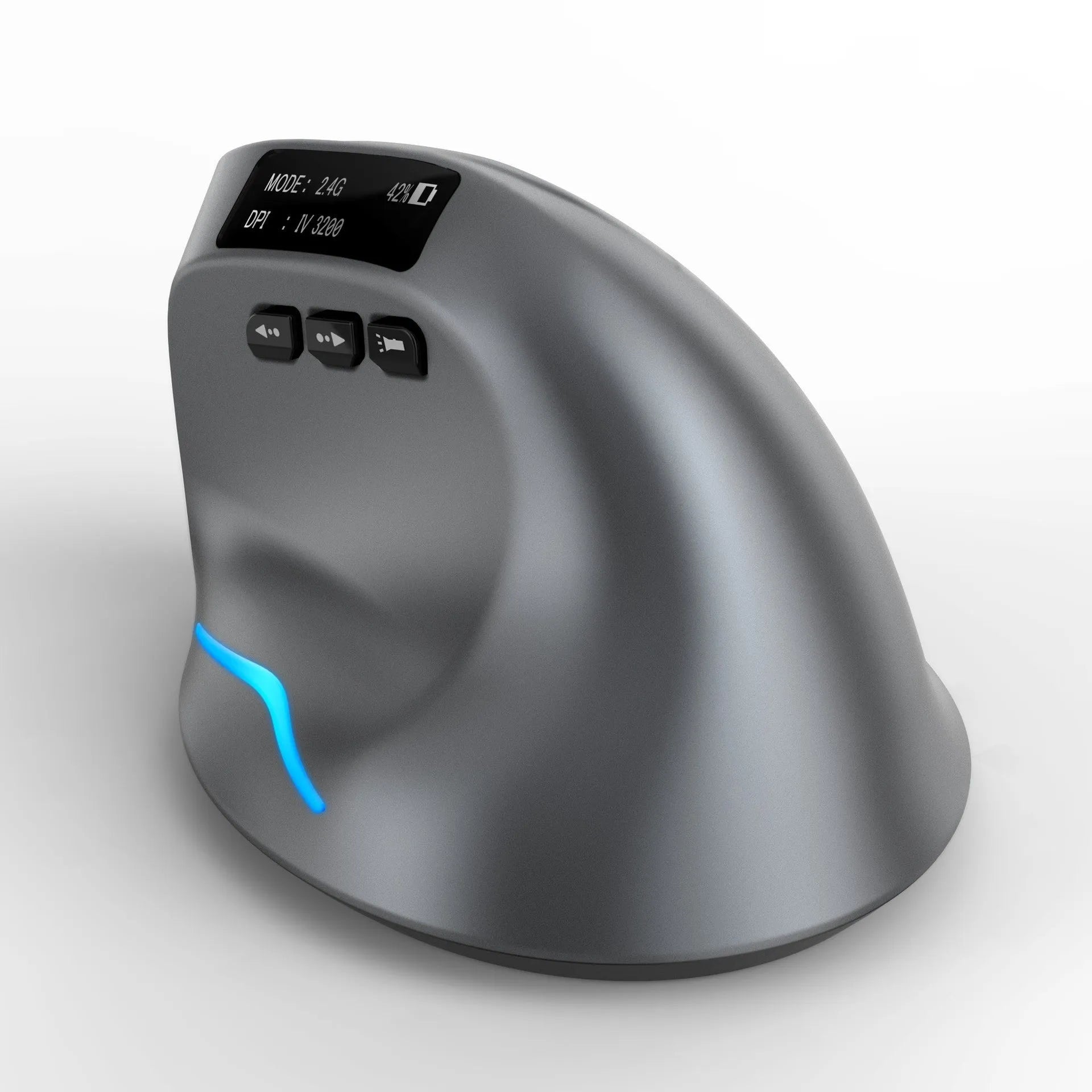 Grey vertical ergonomic mouse with Bluetooth and wireless charging capabilities