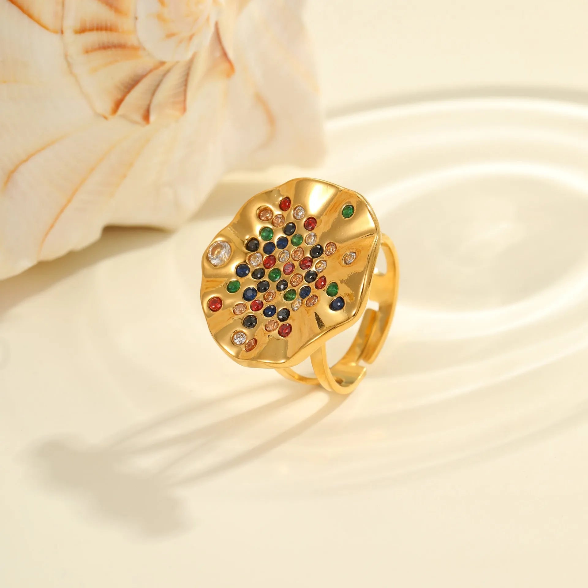 Geometric adjustable ring with pleated design and colourful diamond inlays on stainless steel band