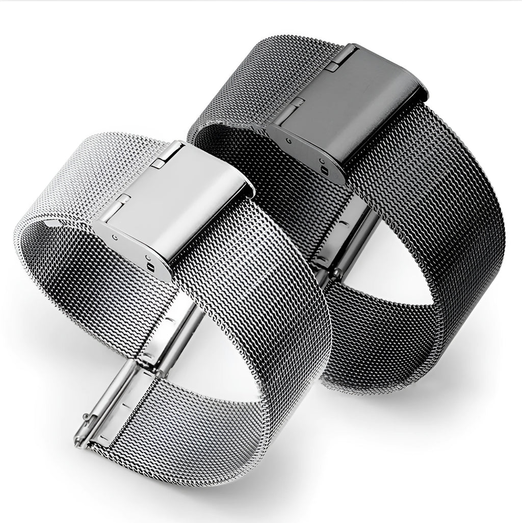 Milani Silk Woven Stainless Steel Watch Band in silver, showing the textured metal weave and buckle.