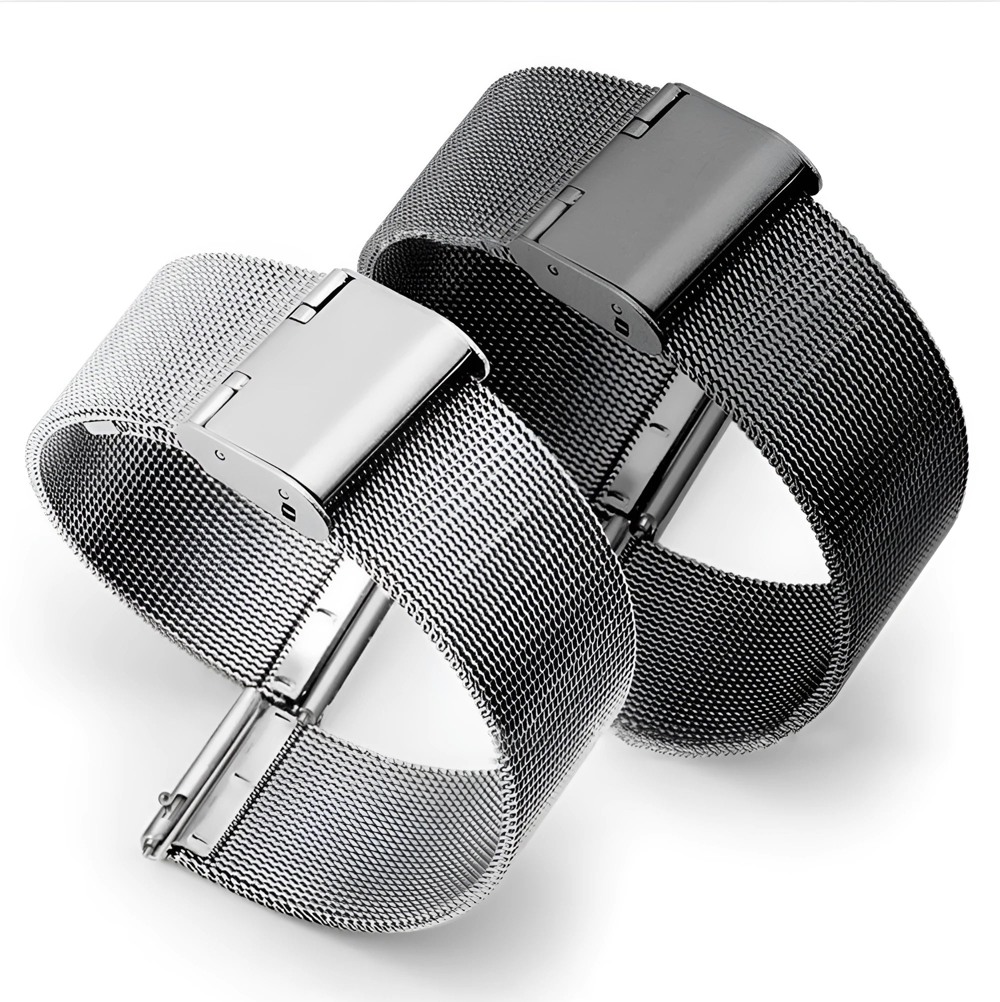 Milani Silk Woven Stainless Steel Watch Band in silver, showing the textured metal weave and buckle.