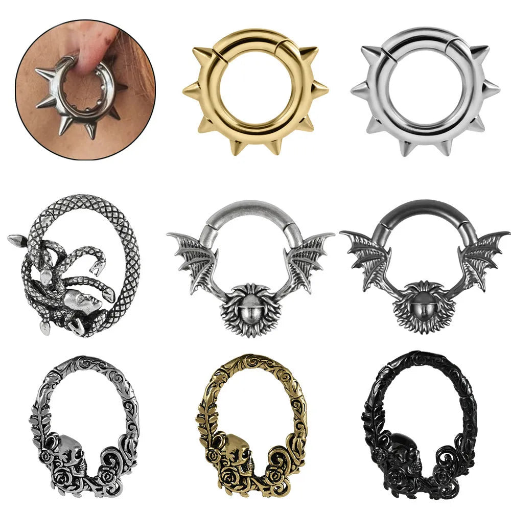 Copper geometric ear extender for stretched ears with magnetic cone closure, shown in multiple style variations.